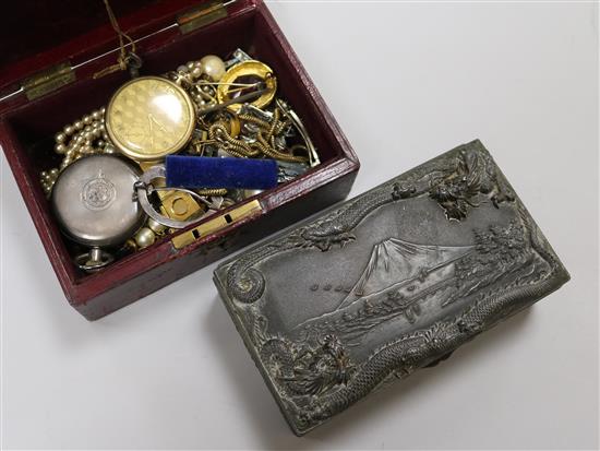 A small quantity of costume jewellery, a silver pocket watch, a gold plated watch and an antimony box.